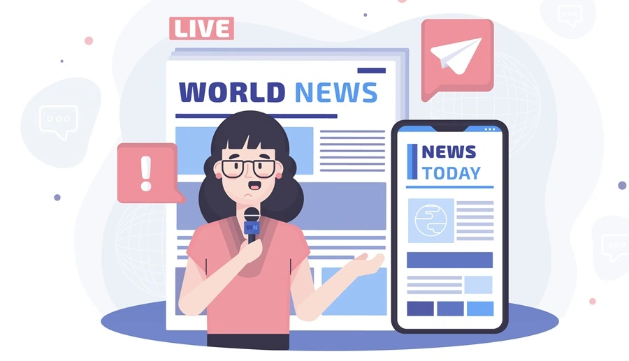 Gambar ilustrasi perempuan wartawan berkacamata sedang melaporkan peristiwa dengan latar belakang bertuliskan "world news" dan "news today".