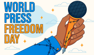 Foto tangan memegang mic yang terikat sebagai simbol kebebasan pers yang terbatas